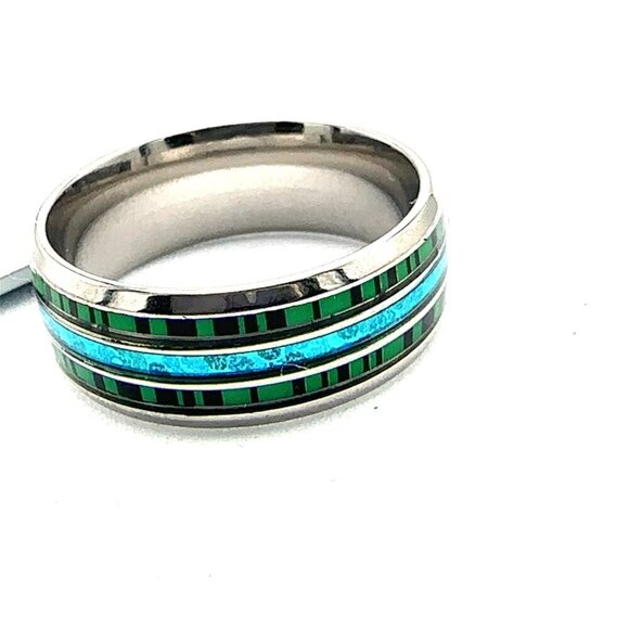 Stainless Steel Ring with Green and Blue Inlay - Picture 5 of 17